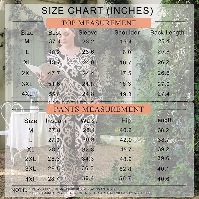 Anyally Women's Plus Size Pajama Sets Ladies Fall Pjs 2 Pieces Lounge Outfits V Neck Long Sleeves Sleepwear with Pockets