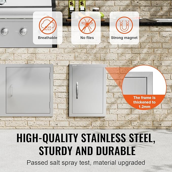 VEVOR Outdoor BBQ Kitchen Door - 14W x 20H Inch Stainless Steel Flush Mount Vertical Wall Door with Handle for Island, Grilling Station