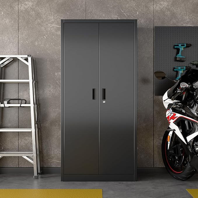 Lockable Garage Storage Cabinet with 5 Adjustable Shelves, 71" H Black Metal Storage Cabinet with 2 Pegboard Doos for Garage, Home, Assembly Required, Black