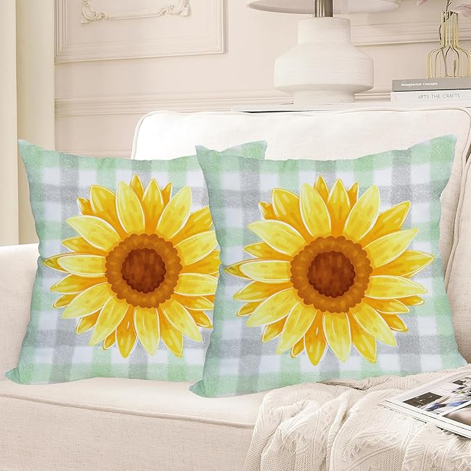 Fukeen 2 Pack Waterproof Sunflower Pillow Covers 20x20 Inch Green Buffalo Plaid Yellow Floral Throw Pillow Cases Spring Summer Holiday Farmhouse Decorations Double Sided Cushion Cover Outdoor