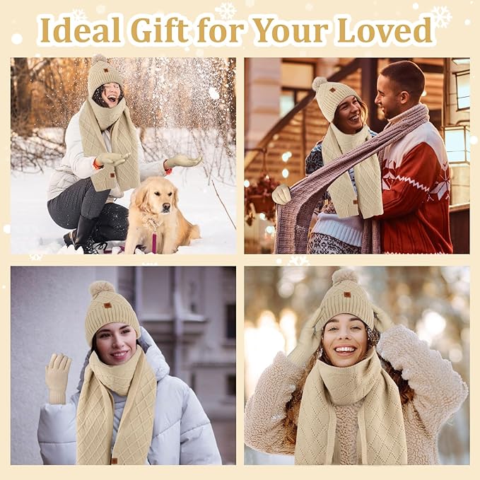 YARIEW Winter Hat Scarf and Gloves Set for Women, Warm Knitted Beanie with Pom Pom, Soft Ear Warmer Scarf, Warm Gloves