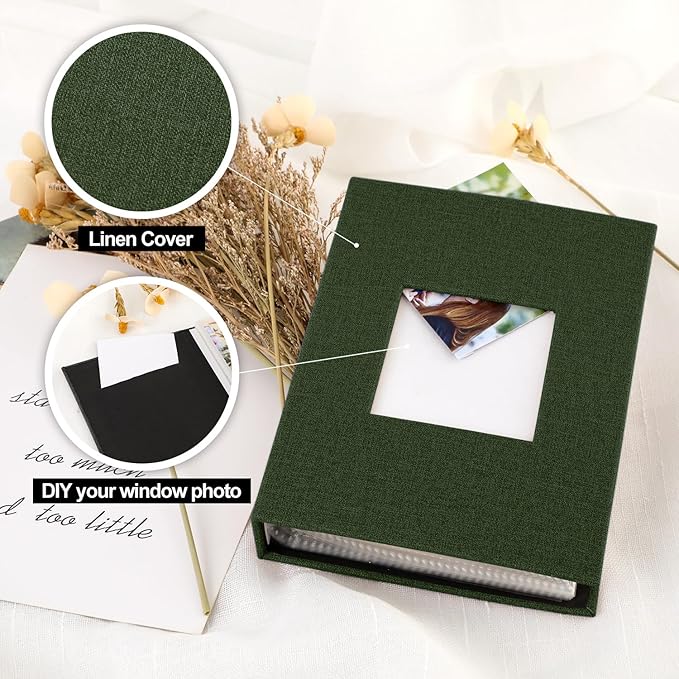 Ywlake Photo Album 4x6 100 Pockets 2 Packs, Small Mini Capacity Linen Photo Album Bulk Sets, Each Pack Holds 100 Top Loader Vertical Only Picture for Kids Boy Girls Green