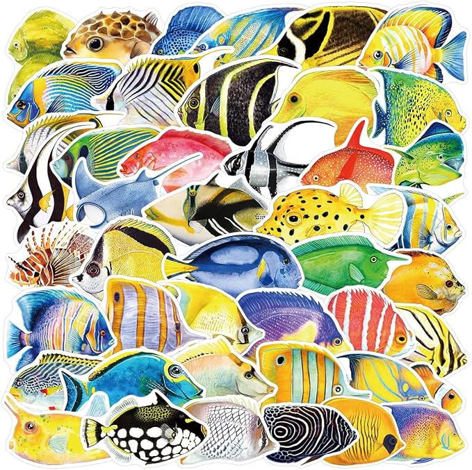 50PCS Fish Stickers, Cute Marine Organism Stickers for Kids Teens Adults, Vinyl Cartoon Colorful Saltwater Fish Decals Kawaii Marine Fish Sticker for Decor Water Bottles Laptops Guitar Scrapbook