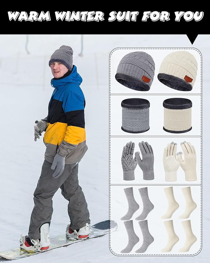 10 Pieces Winter Hat Beanie Scarf Touch Screen Gloves and Sock Set Slouchy Knit Skull Cap Beanies Fleece Lining Neck Warmer