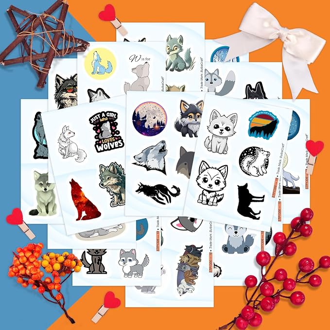 Cute Wolf Stickers for Water Bottle and Laptop - Wolf Party Supplies & Decorations, Waterproof Vinyl Decals, Cute Animal and Wildlife Stickers, Gifts for Women & Men
