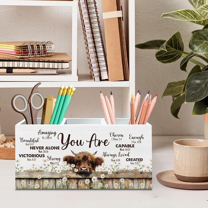 DILSJ Inspirational Highland Cow Pen Pencil Holder Organizer for Desk, Highland Cow Gifts for Women, Be Kind Be Brave Decor Wooden Box Signs for Home Office Desk Decoration Office & School Supplies