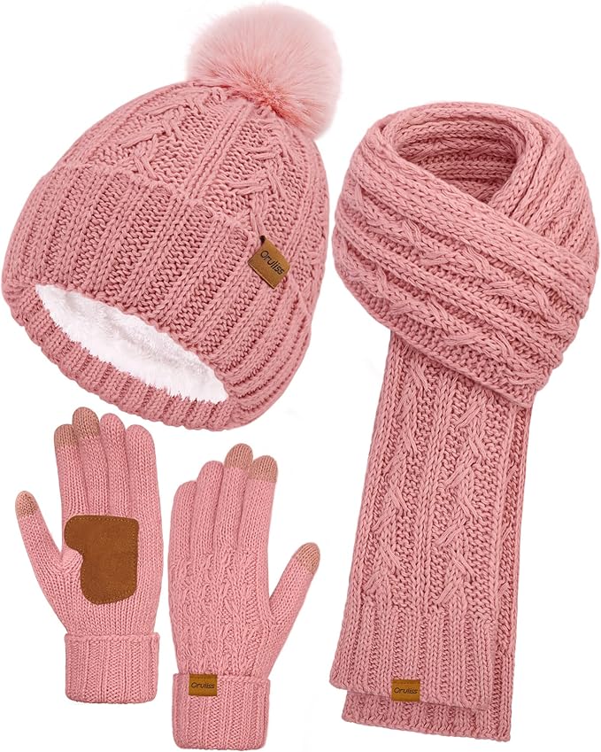 Womens Winter Beanie Hat Scarf Gloves Set, Fleece Lined Knitted Hat with Pompom Long Scarf Touchscreen Mittens for Women Men
