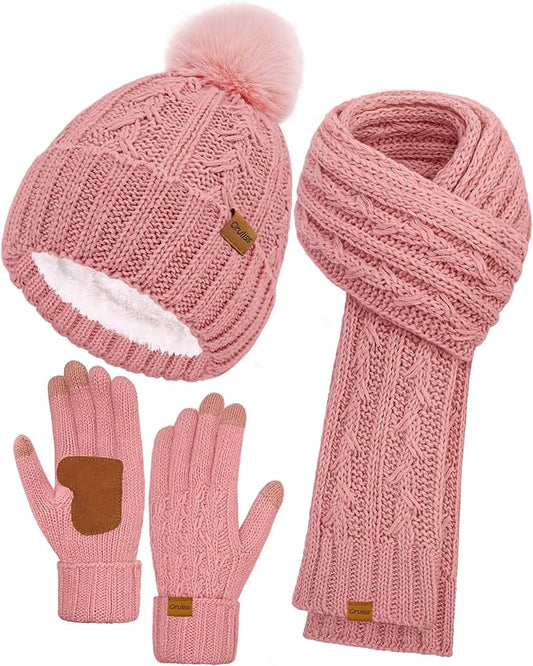 Womens Winter Beanie Hat Scarf Gloves Set, Fleece Lined Knitted Hat with Pompom Long Scarf Touchscreen Mittens for Women Men