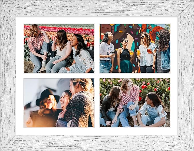 11x15 Picture Frame Display 4 opening 5x7 Picture Frame Collage,Multi Photo Frame with Mat,Plexiglass,Horizontal and Vertical Formats for Wall Decor,Distressed White Wood Grain