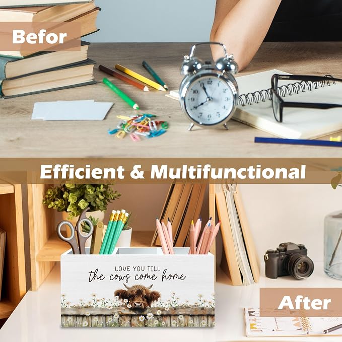 DILSJ Highland Cow Decor Pen Pencil Holder Organizer for Desk, Highland Cow Gifts for Women, Love Your Till the Cows Come Home Wooden Box Signs for Home Office Desk Tabletop Decoration