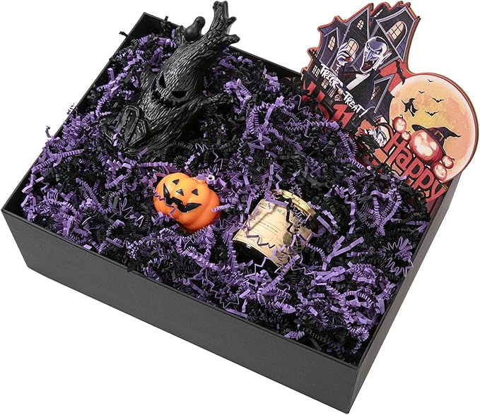 Mefleet 1/2 LB Halloween Crinkle Cut Paper Shred Filler 8 oz Purple & Black Crinkle Shredded Paper for Gift Basket - Gift Box Bag Filler - Grass Cushion Stuffing for Halloween Packaging Wrapping