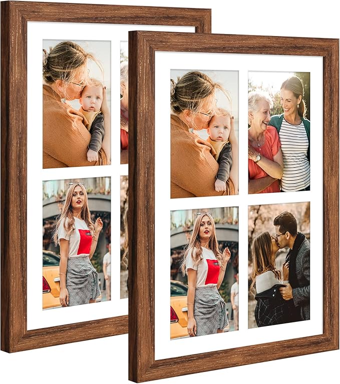 9x13 Collage frame with 4 Openings 4X6 Pictures, Multiple Picture Frame with Mat, Wall or Tabletop Decor, Carbonized Brown Wood Grain,2 Pack