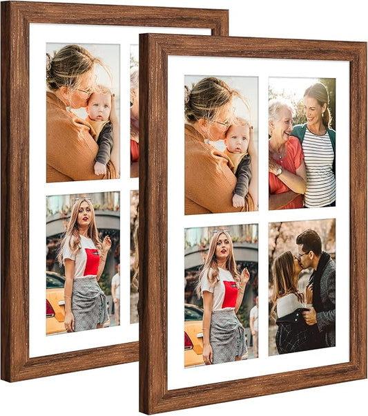 9x13 Collage frame with 4 Openings 4X6 Pictures, Multiple Picture Frame with Mat, Wall or Tabletop Decor, Carbonized Brown Wood Grain,2 Pack