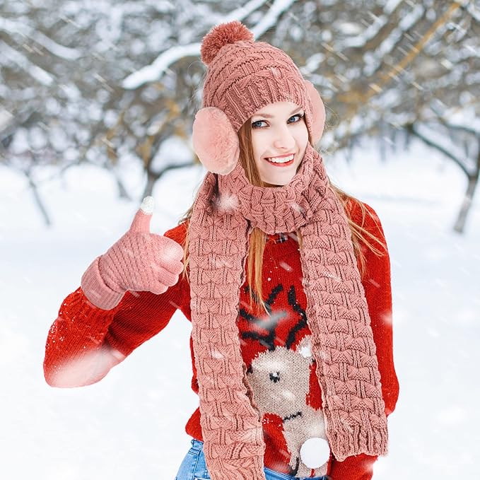 JenPen 4 Pcs Winter Hat Scarf and Gloves Set for Women Include Ear Cover Cold Weather Scarf Hat Knit Beanie Gloves