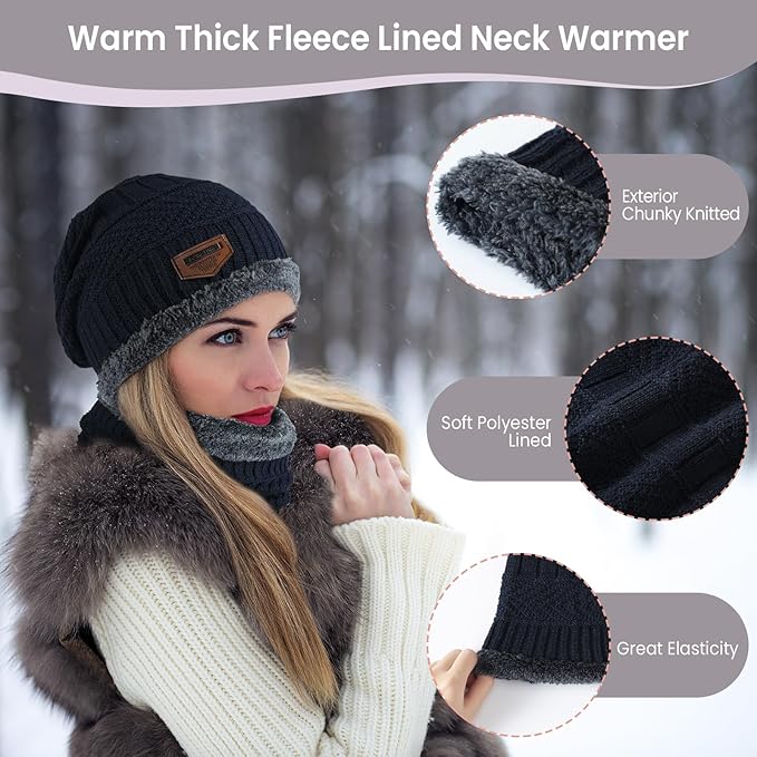 Winter Beanie Hat Circle Scarf Touchscreen Gloves Set, Snow Knit Skull Cap, Warm Thick Fleece Lined Neck Warmer for Men Women
