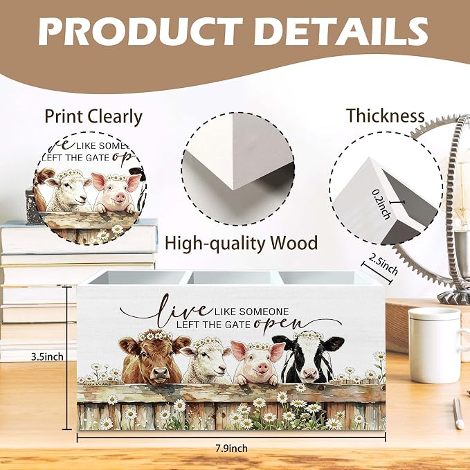 DILSJ Cute Highland Cow Sheep Pen Pencil Holder Organizer for Desk, Highland Cow Gifts, Live Like Someone Left The Gate animals Open Wooden Box Signs for Home Office & School Supplies