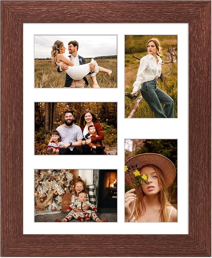 11x14 Picture Frame Display 5 opening 4X6 Picture Frame Collage,Multi Photo Frame with Mat,Plexiglass,Wall or Tabletop Decor,Walnut Wood Grain