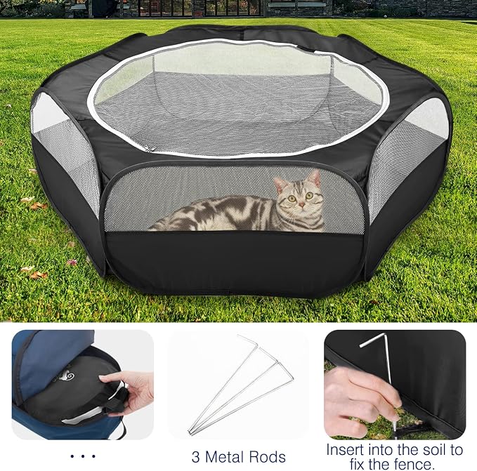 Pawaboo Small Animal Playpen with Zippered Cover, Black | Portable pop-up pet tent for supervised rabbits, guinea pigs, chicks and kittens; water-resistant bottom and 3 metal rods