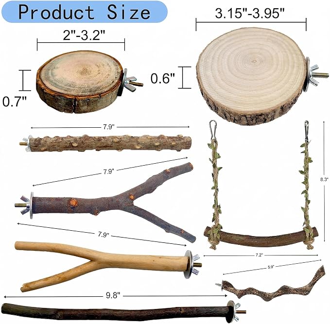 8PCS Bird Perches for Cage, Natural Wood Stands for Small Parrots | Bird Cage Accessories: Natural Wood Perches Set for Cockatiels, Conures, Lovebirds, Budgies. Easy Install, Safe for Chewing
