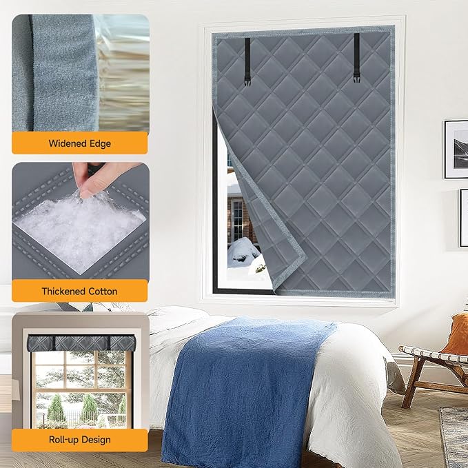 Winter Insulated Window Curtain 47"x63", Oxford Cloth Thermal Insulated Window Cover with Buckles,Heavy Duty Window Insulation Kit Fits Windows up to 46"x62",Grey