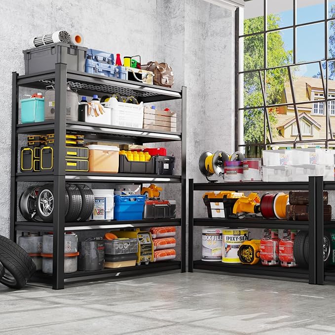 Set of 4 Garage Shelving Heavy Duty Storage Shelves, 5-Tier Adjustable Metal Shelving Unit, Utility Garage Organizer Shelf for Basement, Pantry, Kitchen, Warehouse,17.7" D x 45.6" W x 71.2" H