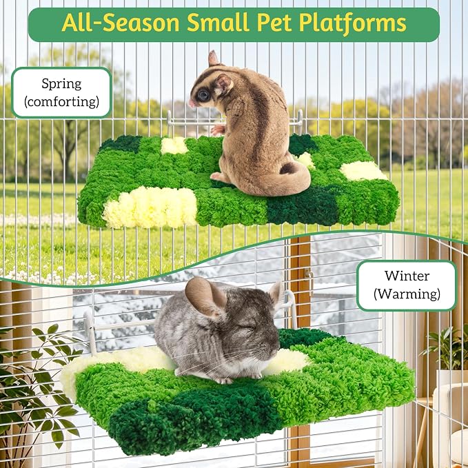 Rat Cage Platform 2Pcs Rat Cage Accessories with Warm Velvet, Sugar Glider & Chinchilla Toy Cage Hanging Shelf Stand, Rest Perch Fit Squirrel Gerbil Mouse Green Pet Standing Jumping(Medium)