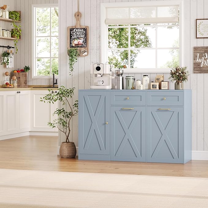 HOSTACK 12.5 Gallon Kitchen Trash Cabinet, 47" Double Trash Can Cabinet, Large Pull Out Can Storage Drawers, Wood Farmhouse Hidden Garbage Storage Buffet for Kitchen, Dining Room, Blue