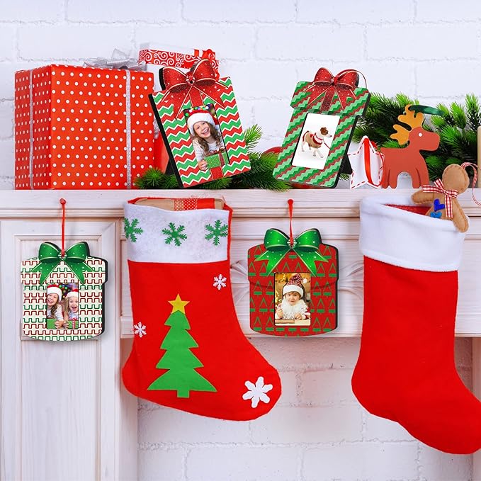 24 Pcs Christmas Wooden Picture Frames Ornaments Xmas Family Photos Small Picture Christmas Ornaments Hanging Christmas Tree Frame Mini Frames Box for Home Decor Holiday Present (Vibrant,24 Pcs)