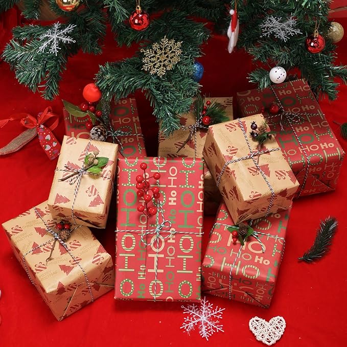AhfuLife 2 Rolls Christmas Wrapping Paper - 17 Inch × 49.2 Feet Per Roll, Recyclable Red Brown Kraft Xmas Wrapping Paper for Gift Box Decoration