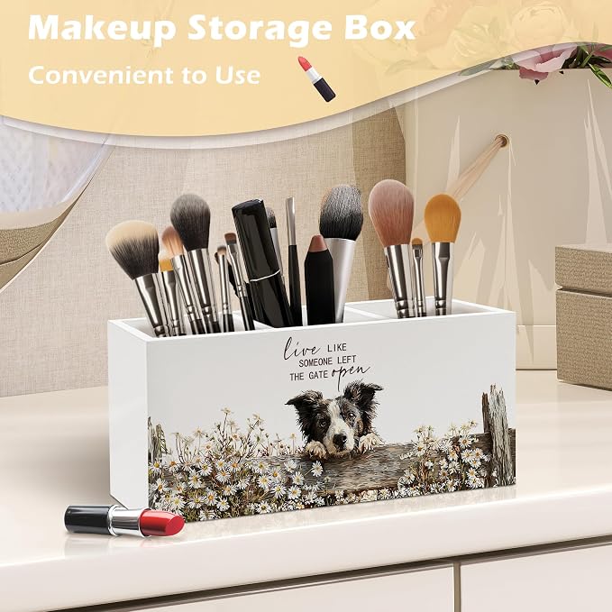 Border Collie Gifts Pen Holder Organizer, Rustic Farmhouse Dog Gifts for Women Desk Decor, Live Like Someone Left the Gate Open Wooden Pen Pencil Holders for Vintage Desk Accessories