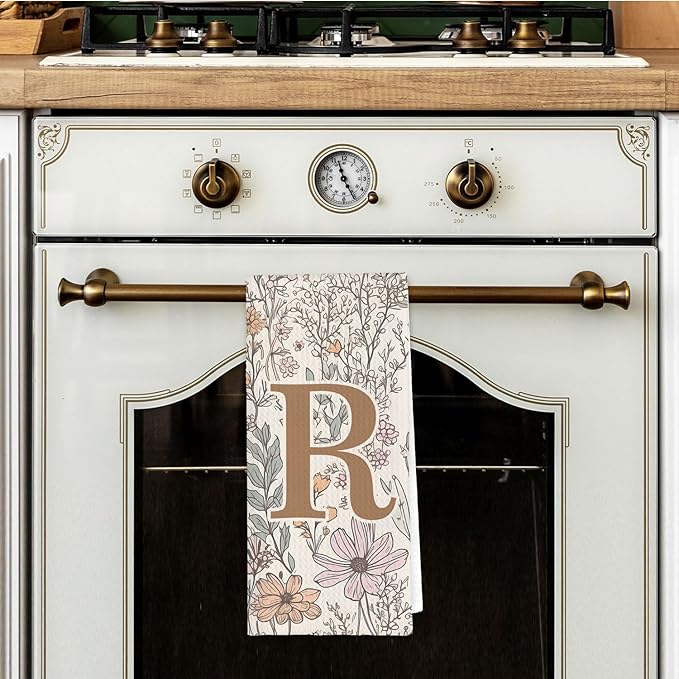 Initial R Personalized Floral Kitchen Towels Dish Towel, Custom Hand Towels for Bathroom, Monogrammed Gifts for Women Mom, Boho Floral Decorative Kitchen Towels Tea Towel, 16x24 Inch