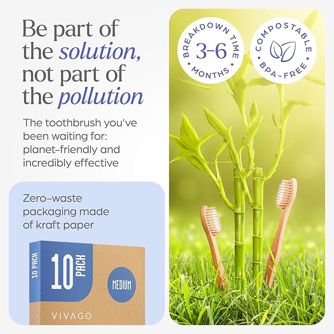 Bamboo Toothbrushes Medium Bristles 50 Pack - BPA Free Medium Bristles Toothbrushes for Adults - Eco-Friendly, Natural Wooden Toothbrush