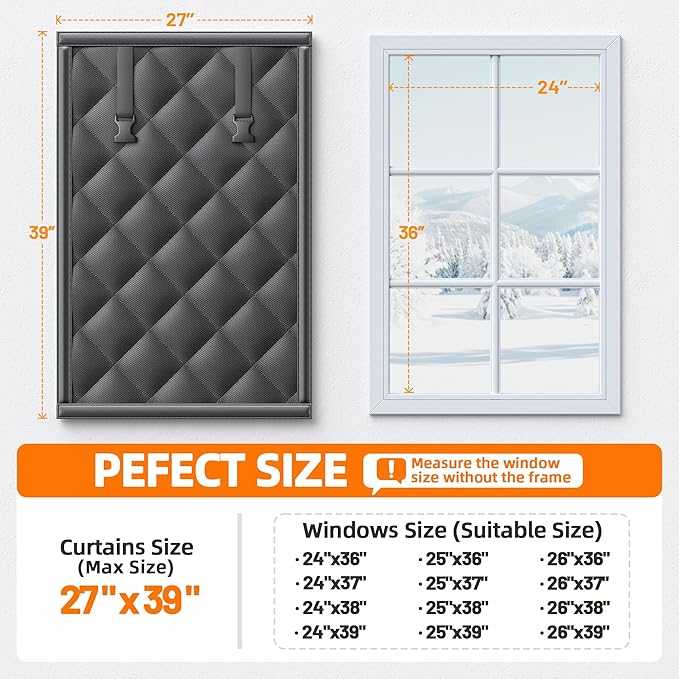 Window Insulation Kit for Winter 27"x39" Cold Weather Thermal Curtain with Heavy Cotton, Insulated Window Cover for Winter & Windows Draft Blocker for Winterizing Windows in Home RV Basement–Black