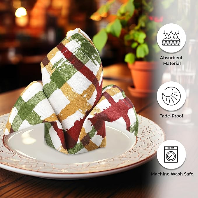 Urban Villa Harvets Dinner Napkins Set of 12, 20x20 Inches Soft Premium Hotel Quality Napkins, Highly Absorbent, Reusable & Washable Table Dinner Napkins - (Multicolor, Fall Checks)