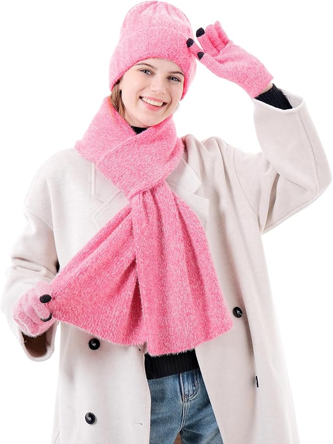 Womens Winter Warm Knit Beanie Hat Touchscreen Gloves Long Neck Scarf Set with Fleece Lined Skull Caps Gifts for Women