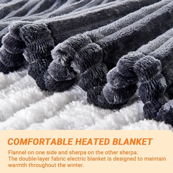 Heated Blanket Electric Twin, Soft Flannel Heating Blanket with 8 Hours Auto Off 10 Fast Heating Levels Machine Washable Sherpa Heated Blanket with Overheating Protection