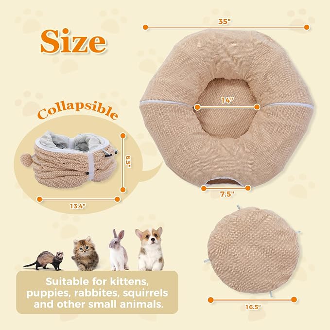 PEQULTI Beige Donut Cat Tunnel Bed Washable Plush Mat Multi for Small Pets | Round play tube with soft detachable plush mat, multi-pet toy fit indoor cats, kittens, puppies, rabbits and ferrets