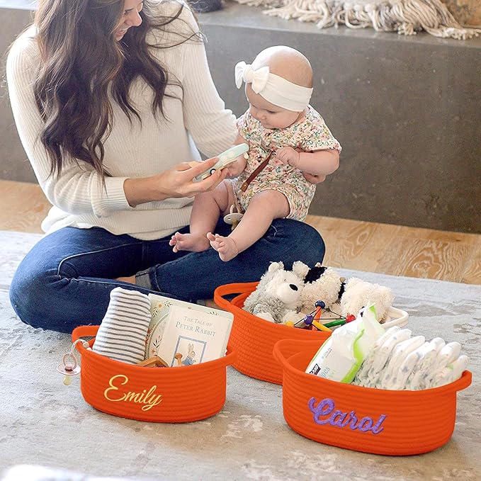 HUTARIO Personalized Woven Halloween Boo Basket Embroidered Name with Gift Bags and Ribbons,Empty Small Rope Basket，Durable Storage Custom Orange Basket with Handles for Baby Showers or Christmas