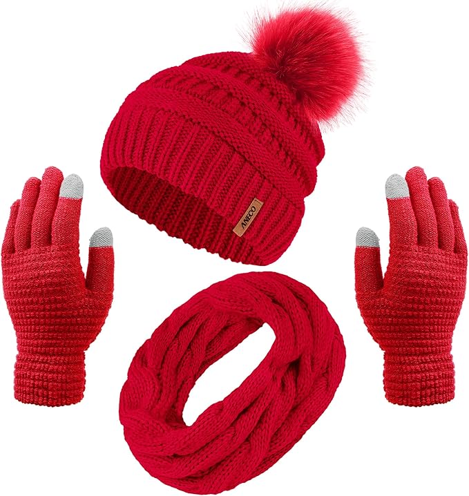Aneco Womens Winter Warm Sets Knitted Fur Pompoms Beanie Hat Circle Loop Scarf Touch Screen Gloves Winter Favor Accessories
