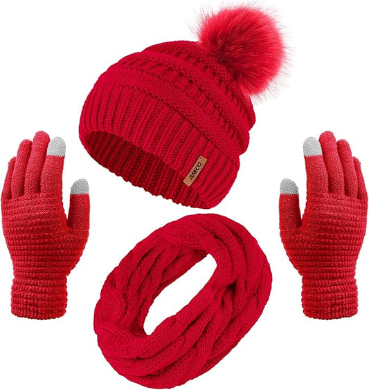 Aneco Womens Winter Warm Sets Knitted Fur Pompoms Beanie Hat Circle Loop Scarf Touch Screen Gloves Winter Favor Accessories
