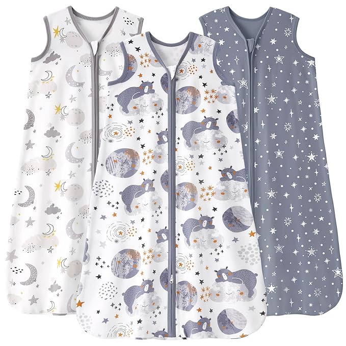 Baby Sleep Sack 12-18 months, 100% Cotton Sleeping Sack for Newborn and Infant, 3 Pack Baby Wearable Blanket for Boy and Girl, 0.5 Tog Lightweight Double Zipper Sleep Bag Grey Moon Bear