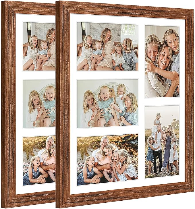 11x13 Collage frame with 5 Openings 4X6 Pictures, Multiple Picture Frame with Mat, Wall or Tabletop Decor, Carbonized Brown Wood Grain,2 Pack