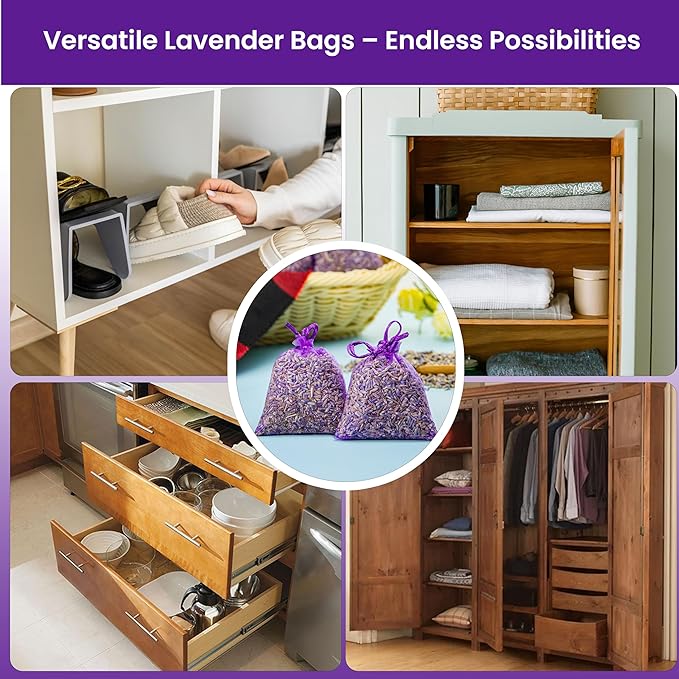 28 Pack Organic Lavender Sachet Bags for Drawers and Closets - Natural Fresh Dried Lavender French Potpourri Bags for Clothes Storage - Scented Sachets for Drawers, Wardrobes, Cars & Home.