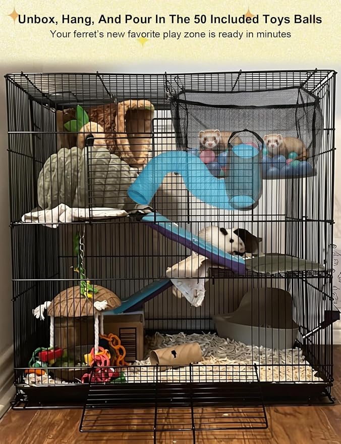 Ferret Ball Pit with 50 Pack Balls for Ferret Cage - Ferret Hammock for Cage Compatible with Tunnel System (Included 50 Pcs Ferret Toys Balls)