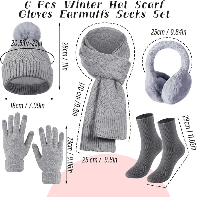 Geyoga 6 Pcs Winter Warm Set for Women Warm Beanies Hats Touchscreen Gloves Long Scarf Ear Muffs Socks Winter Gifts for Women