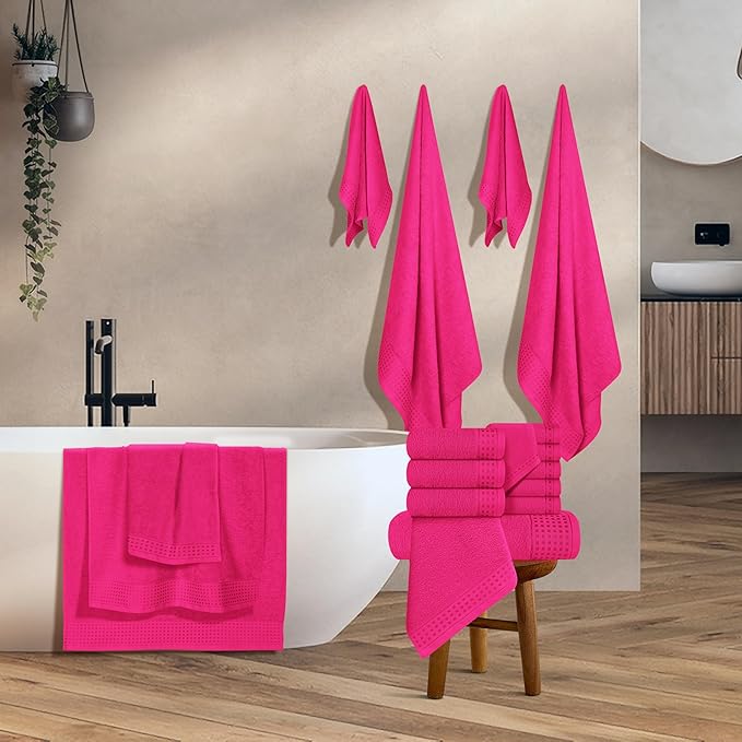 GLAMBURG Towels for Bathroom, 100% Cotton Towel Set, Contains 8 Soft Bath Towel, 8 Hand Towels, 8 Wash Cloths - Compact Absorbent Lightweight & Quickdry - 24 Piece Bathroom Towel Set - Hot Pink