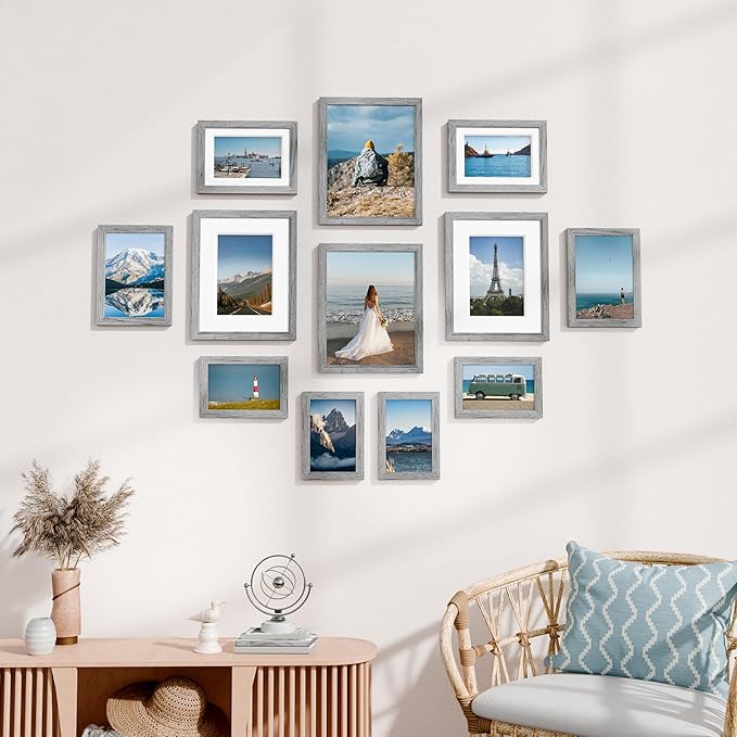 Vittanly 12 Pack Picture Frames Collage Wall Decor for Mounting or Tabletop Display, Gallery Wall Frame Set for Family, Multi Sizes Including 4pcs 8x10, 4pcs 5x7, 4pcs 4x6, Grey