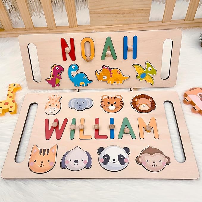 Name Puzzle for Kids Personalized, First Birthday for Baby Boy Girl, Wooden Name Puzzles with Hollowed-Out Handle for Toddlers 1-3, Educational Toys for 1 Year Old (Animal)