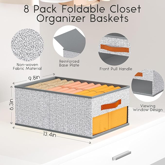 Drawer Organizers and Storage - 8 Pack Foldable Pants Organizer with Clear Window & Handles, Fabric Closet Organizer for Clothes, Jeans, Sweaters, Towels, T-shirt, Scarf (Ant Light Gray)