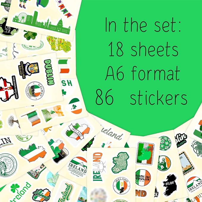 Ireland Stickers, Irish Stickers for Water Bottle and Laptop - Ireland Party Supplies & Decorations, Waterproof Vinyl Decals, Gifts for Women & Men
